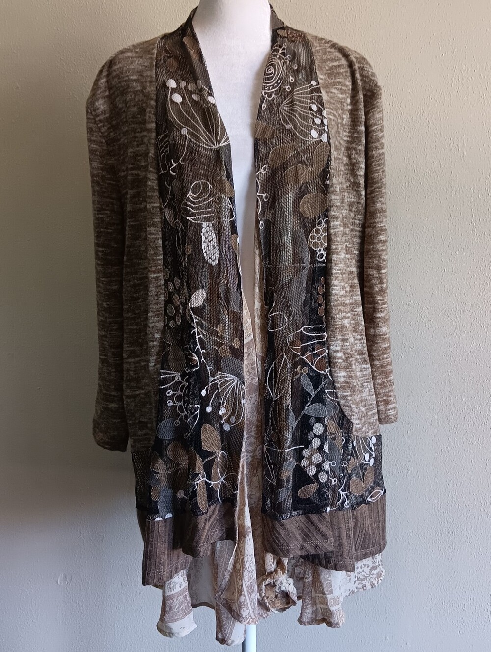 Whimsical Mushroom & Spores Forest Cardigan Brown Open Front Sweater, Large